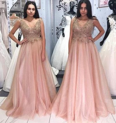 V Neck Long Prom Dresses with Appliques for Women