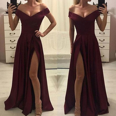Off the shoulder burgundy prom dresses with split side - Thumbnail 4