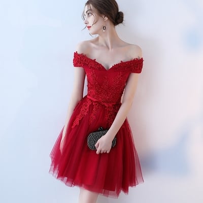 Burgundy v neck tulle lace short prom dress, evening dress - Thumbnail 5