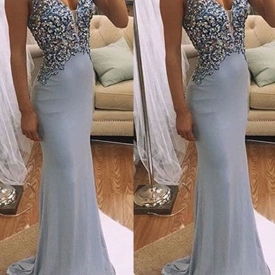 V neck sheath long prom dresses with beaded - Thumbnail 5
