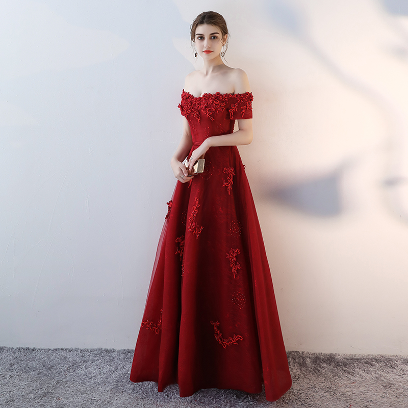 Burgundy lace long prom dress, burgundy evening dress