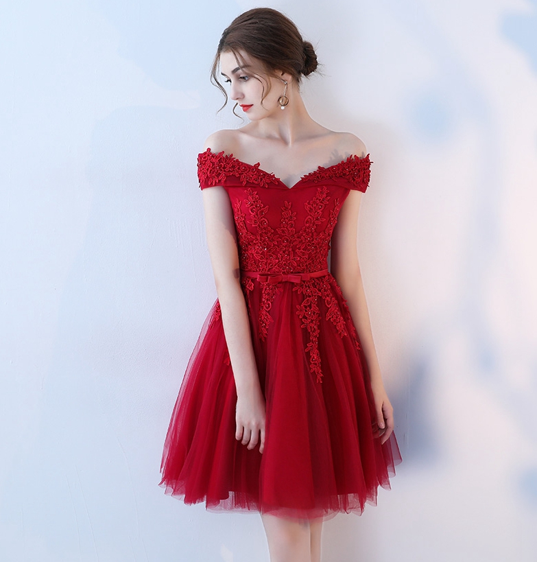 Burgundy lace short prom dress, burgundy evening dress