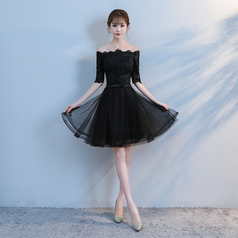 Black lace tulle short prom dress, homecoming dress