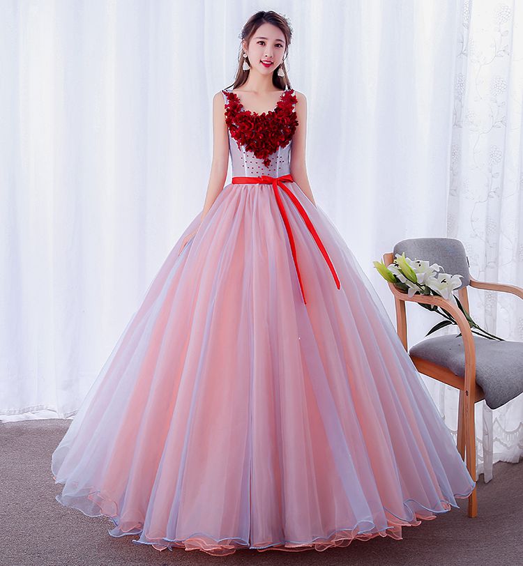 Pink v neck tulle long prom dress, sweet 16 dress