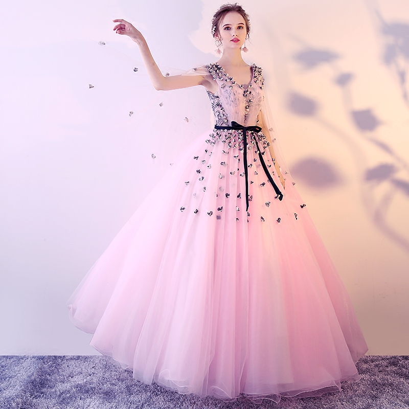 Stylish v neck tulle applieque long prom dress, evening dress