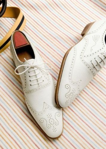 Handmade Men's Pure White Shoes,White Leather Wing Tip shoes