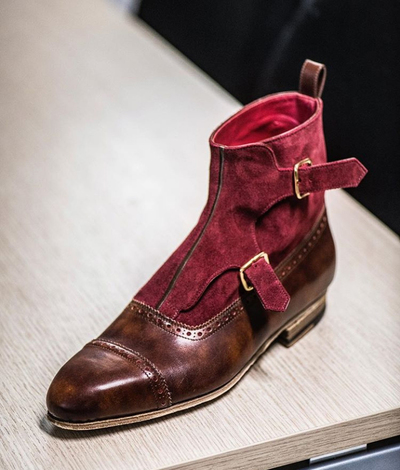 Handmade Men's Monk Boot, Men's Brown Burgundy Double Monk Cap Toe Leather & Suede Boot