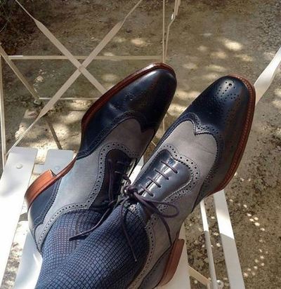 Handmade Men's Formal Shoe, Blue Gray Leather & Suede Wing Tip Lace Up Shoes