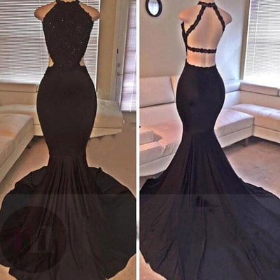 Black mermaid prom dresses with lace appliques - Thumbnail 4