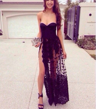Sexy Sweetheart Split Side Black Prom Dresses