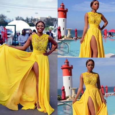 Charming yellow split side long prom dresses - Thumbnail 2