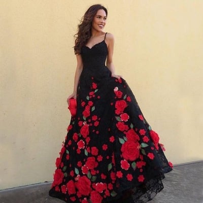 Spaghetti straps black prom dresses with rose flowers - Thumbnail 4