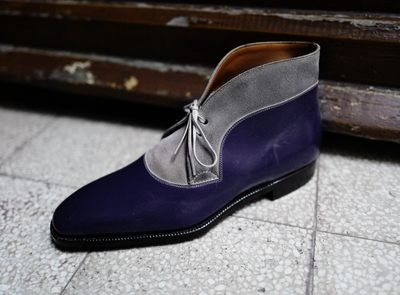 Handmade Men's Ankle High Boot,Men's Blue Gray Color Leather & Suede Formal Boot