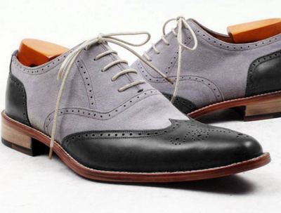 Handmade Men's Formal Shoes, Men's Black Gray Leather & Suede WingTip Shoes