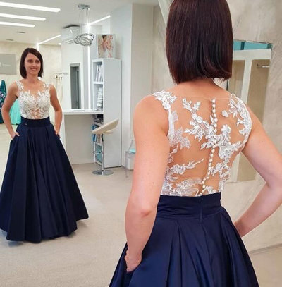 Elegant Dark Navy Long Prom Dresses with Pockets