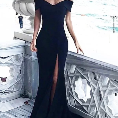 Mermaid off the shoulder split black long prom dresses with appliques, 2019 elegant evening dresses - Thumbnail 3