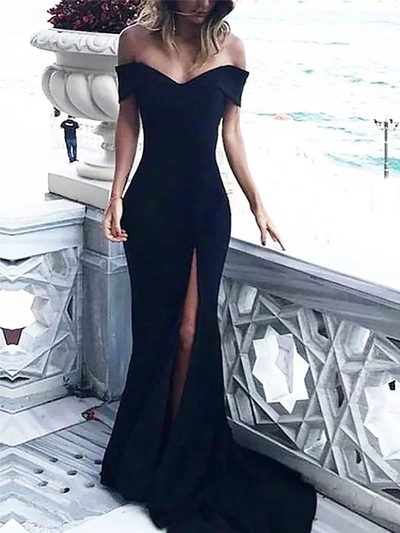 Mermaid Off the Shoulder Split Black Long Prom Dresses with Appliques, 2019 Elegant Evening Dresses