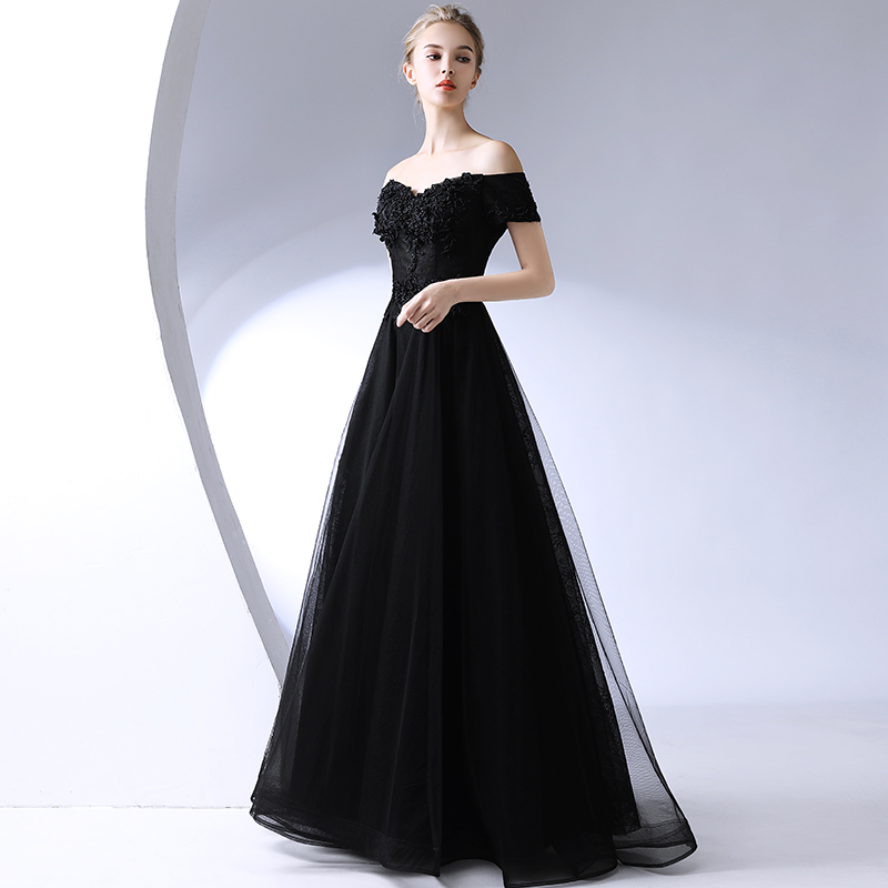 Black lace long prom dress, black evening dress