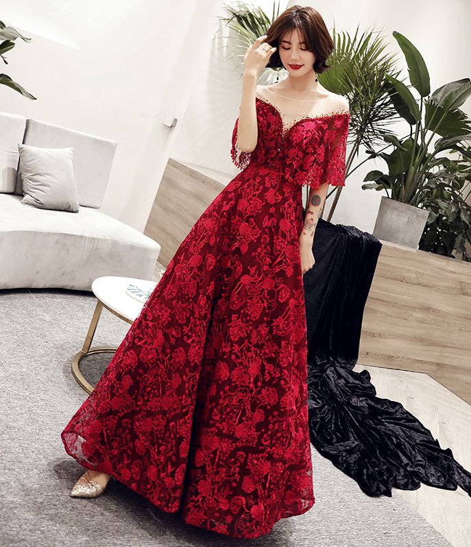Burgundy lace long prom dress, formal dress