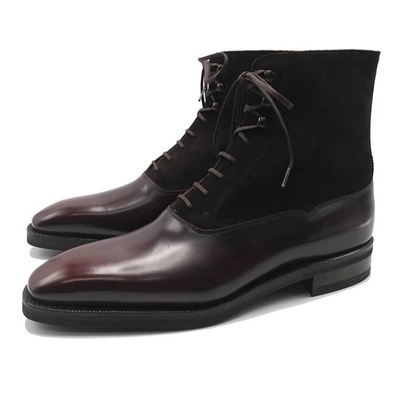Handmade Men's Chelsea Boot,Men's Burgundy Black Leather & Suede Classic Fashion Boot.