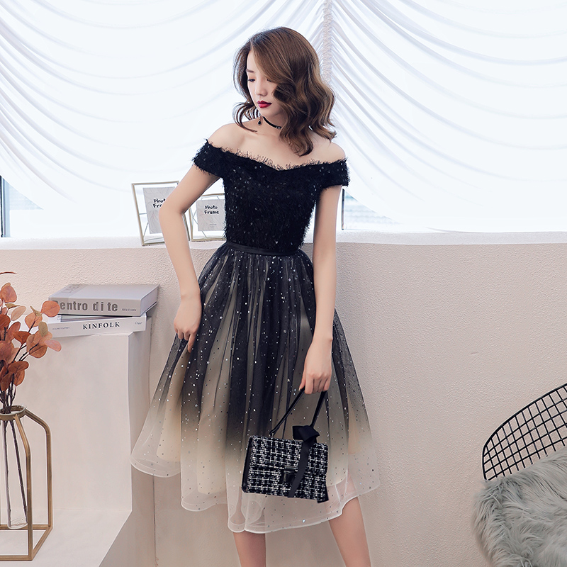 Black tulle off shoulder short prom dress, black evening dress