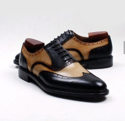 Handmade Men's Classic Shoes,Men's Tan Black Color Leather WingTip Formal Shoes