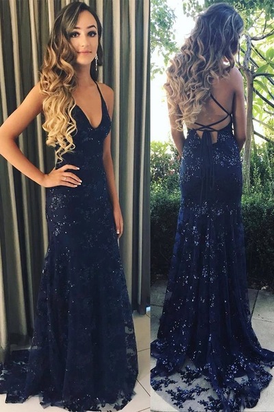Elegant Sheath Criss Cross Dark Navy Prom Dresses