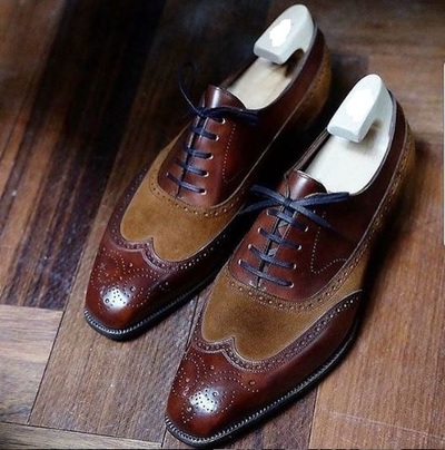 Handmade Men's Classic, Oxfords Dark Brown Leather and Suede Wing Tip Dress Shoe
