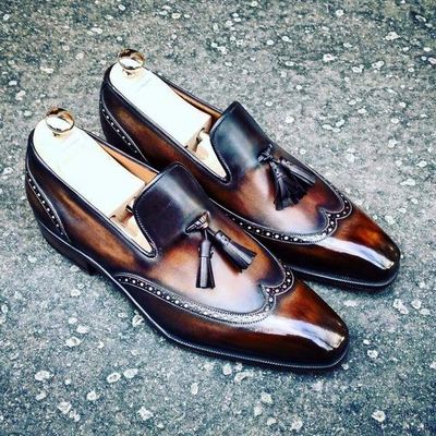 Handmade Men's WingTip Brogue Tassels Shoe, Two Tone Tassels Formal Loafer Shoes