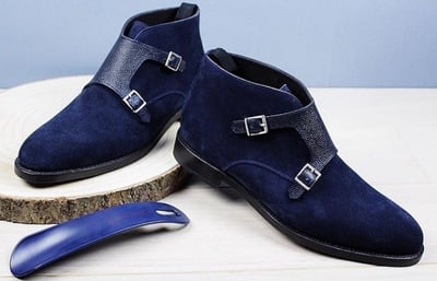 Handmade Men's Navy Blue Boot, Men's Suede With Double Monk Strap Formal Boot