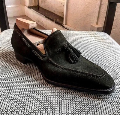 Handmade Men's Brogue Tassels Shoe, Men's Black Suede Tassels Formal Loafer Shoe