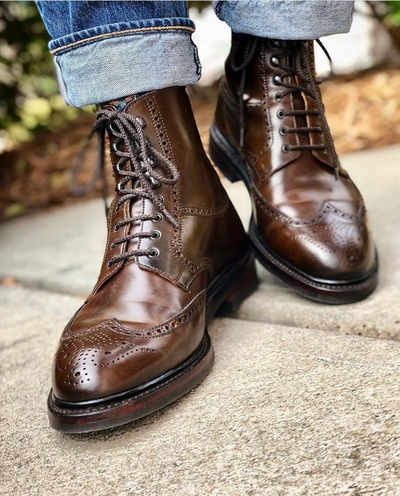 Handmade Men's Ankle High Boot,Burgundy Brown Leather WingTip LaceUp Formal Boot