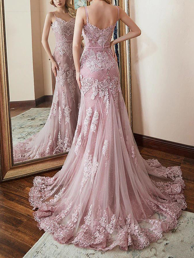 Elegant Mermaid V Neck Spaghetti Straps Open Back Blue Tulle Long Prom Dresses with Appliques,Formal Party Dresses