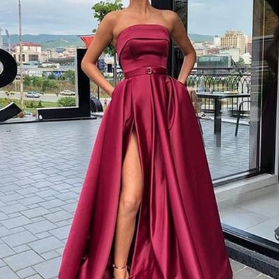 Charming a-line strapless open back magenta satin long prom dresses with slit,evening party dresses - Thumbnail 3