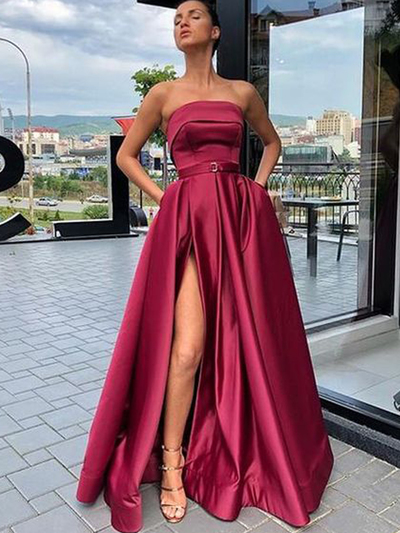 Charming A-Line Strapless Open Back Magenta Satin Long Prom Dresses with Slit,Evening Party Dresses