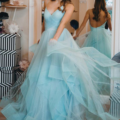 Gorgeous a-line v neck spaghetti straps backless lake blue tulle long prom dresses,formal party gown - Thumbnail 4