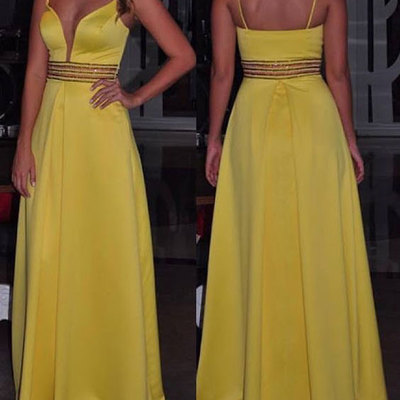 Yellow spaghetti straps long prom dresses evening dresses - Thumbnail 4