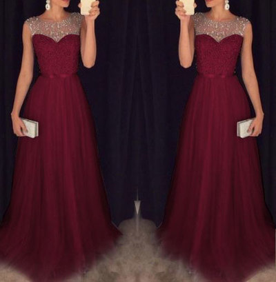 Sheer Neck Burgundy Tulle Long Prom Dresses with Beaded