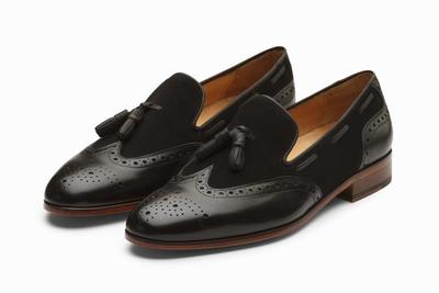 Handmade Men's Oxford Tassels Shoes, Black Leather & Suede Formal Loafer Shoes