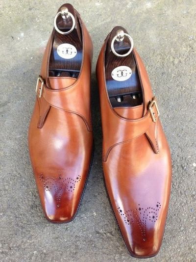 Handmade Men's Monk Shoes,Men's Plain Tan Brown Leather Formal Monk Shoes