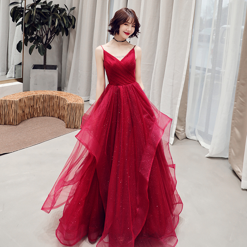 Burgundy v neck tulle long prom dress, evening dress