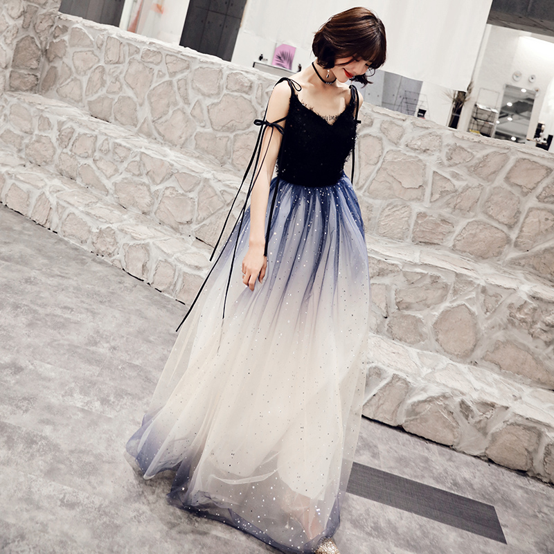 Stylish v neck tulle sequins long prom dress, evening dress