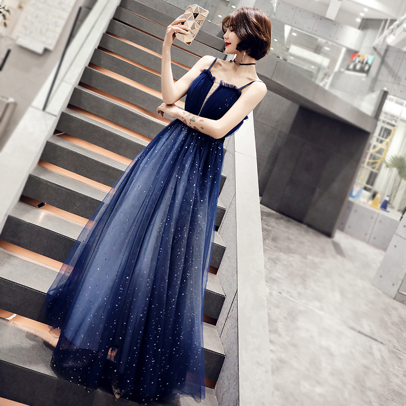 Blue tulle sweetheart neck long prom dress, evening dress