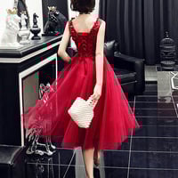 Burgundy v neck applique tulle short prom dress, evening dress - Thumbnail 4