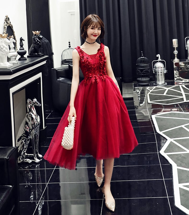 Burgundy v neck applique tulle short prom dress, evening dress