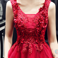 Burgundy v neck applique tulle short prom dress, evening dress - Thumbnail 3
