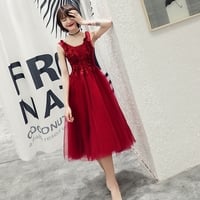 Burgundy v neck applique tulle short prom dress, evening dress - Thumbnail 2