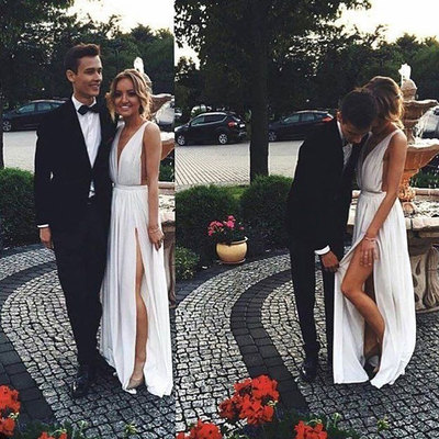 Deep V Neck White Split Side Prom Dresses