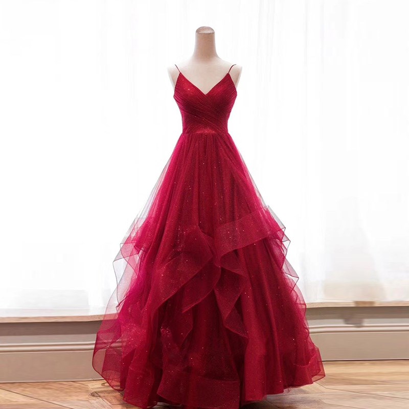 Shiny burgundy v neck tulle long prom dress, evening dress