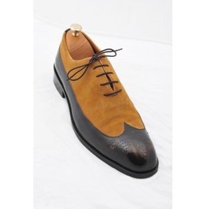 Handmade Men's Wing Tip Shoes, Men's Tan Black Leather Wing Tip Lace Up Shoes.